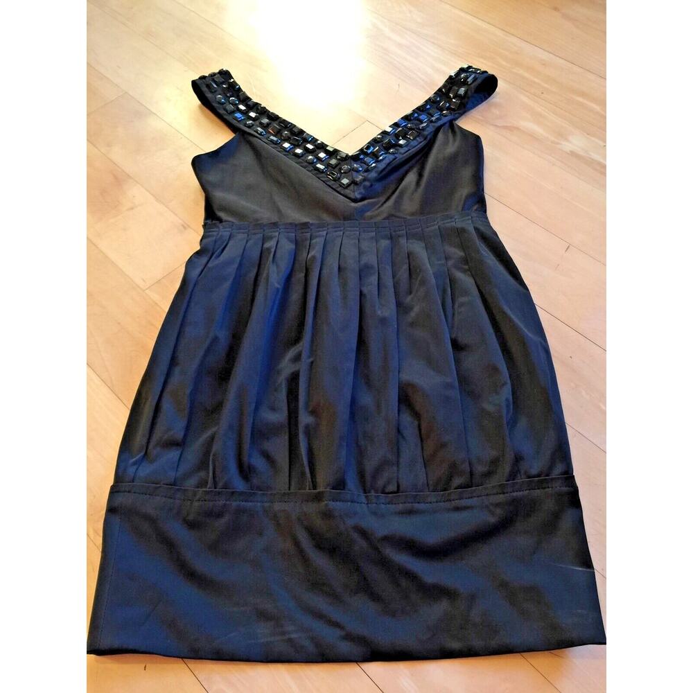 ZARA Jewel Embellished Rhinestone Black Satin Party Dress Beaded V-Neck M 8 10 - Picture 4 of 6